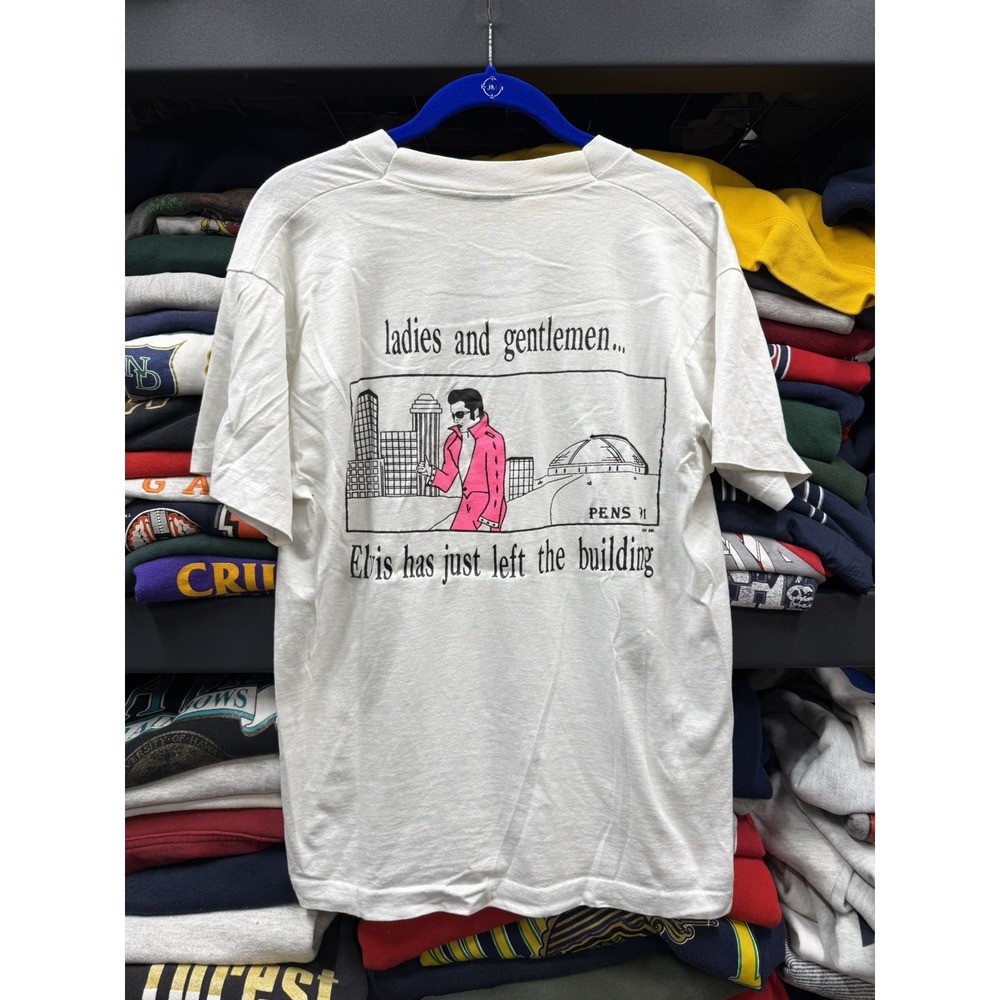 Vintage 1991 Pittsburgh Elvis Has Just Left The Building White Screen Star Shirt